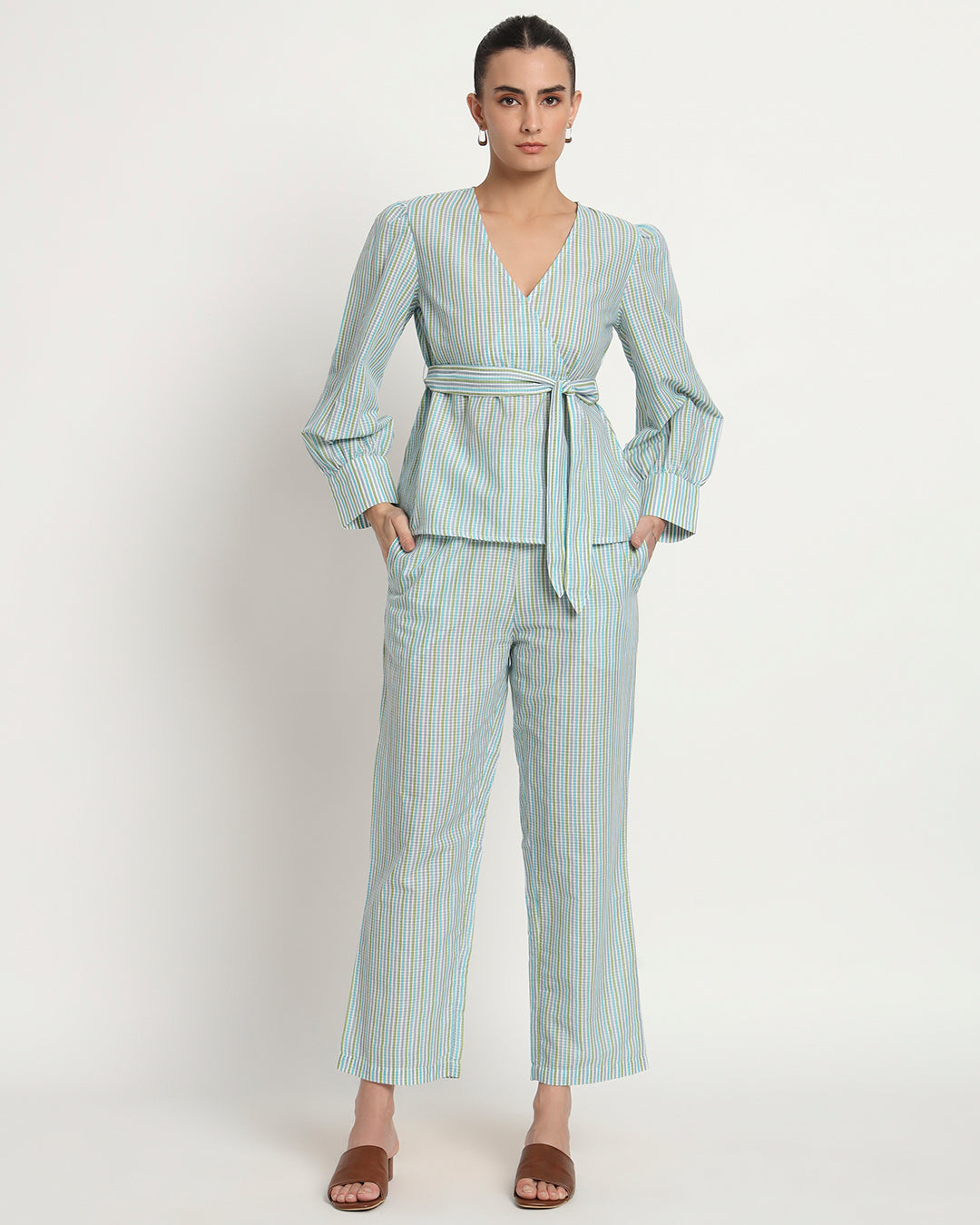 Printed Rhythmic Blues Stripe Wrap Co-ord Set