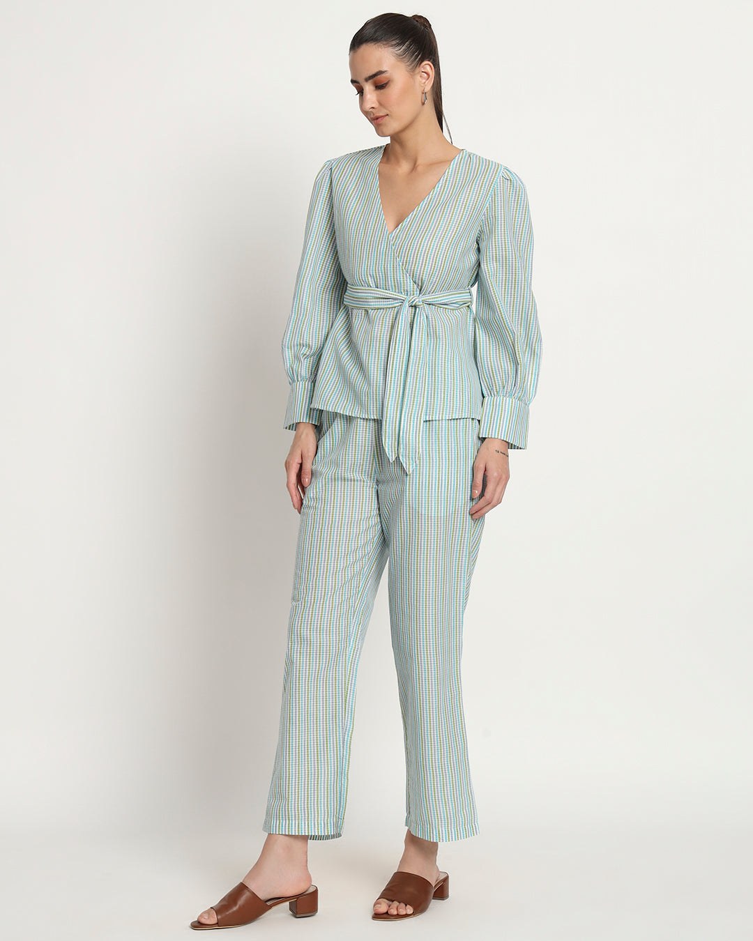 Printed Rhythmic Blues Stripe Wrap Co-ord Set