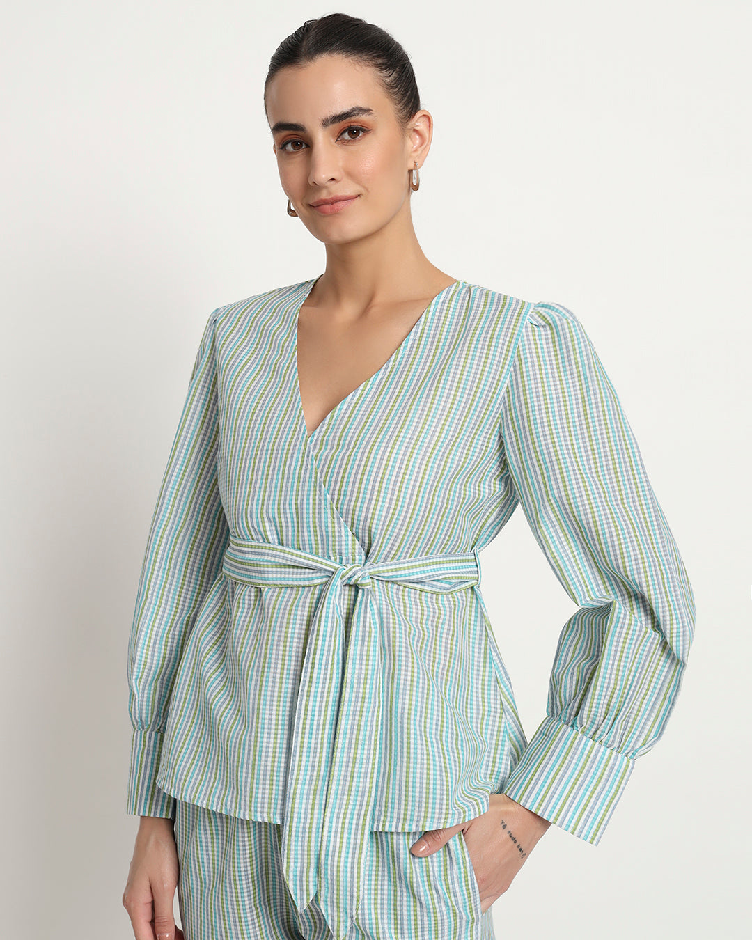 Printed Rhythmic Blues Stripe Wrap Co-ord Set