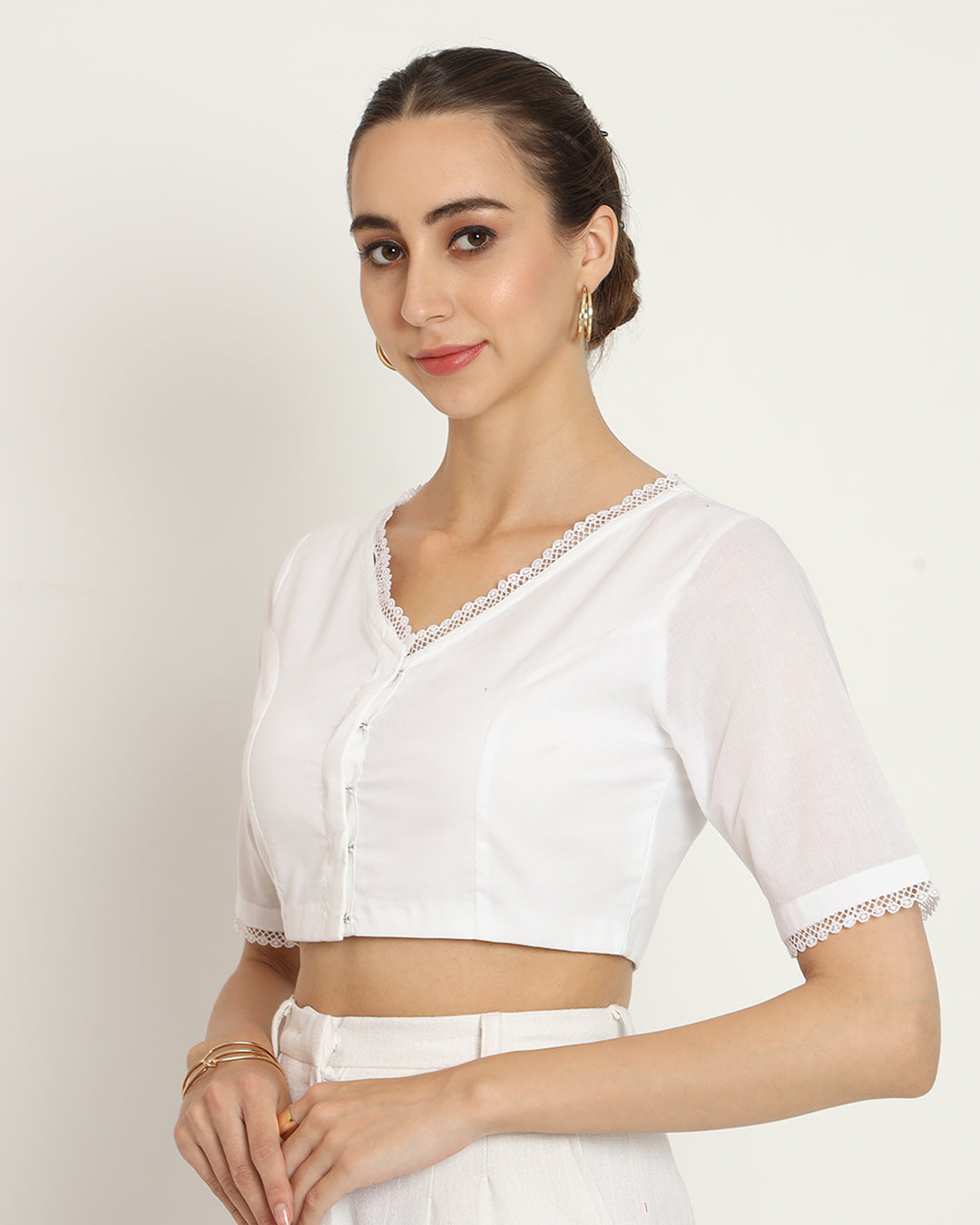 Pristine White V Neck Lace Medley Blouse