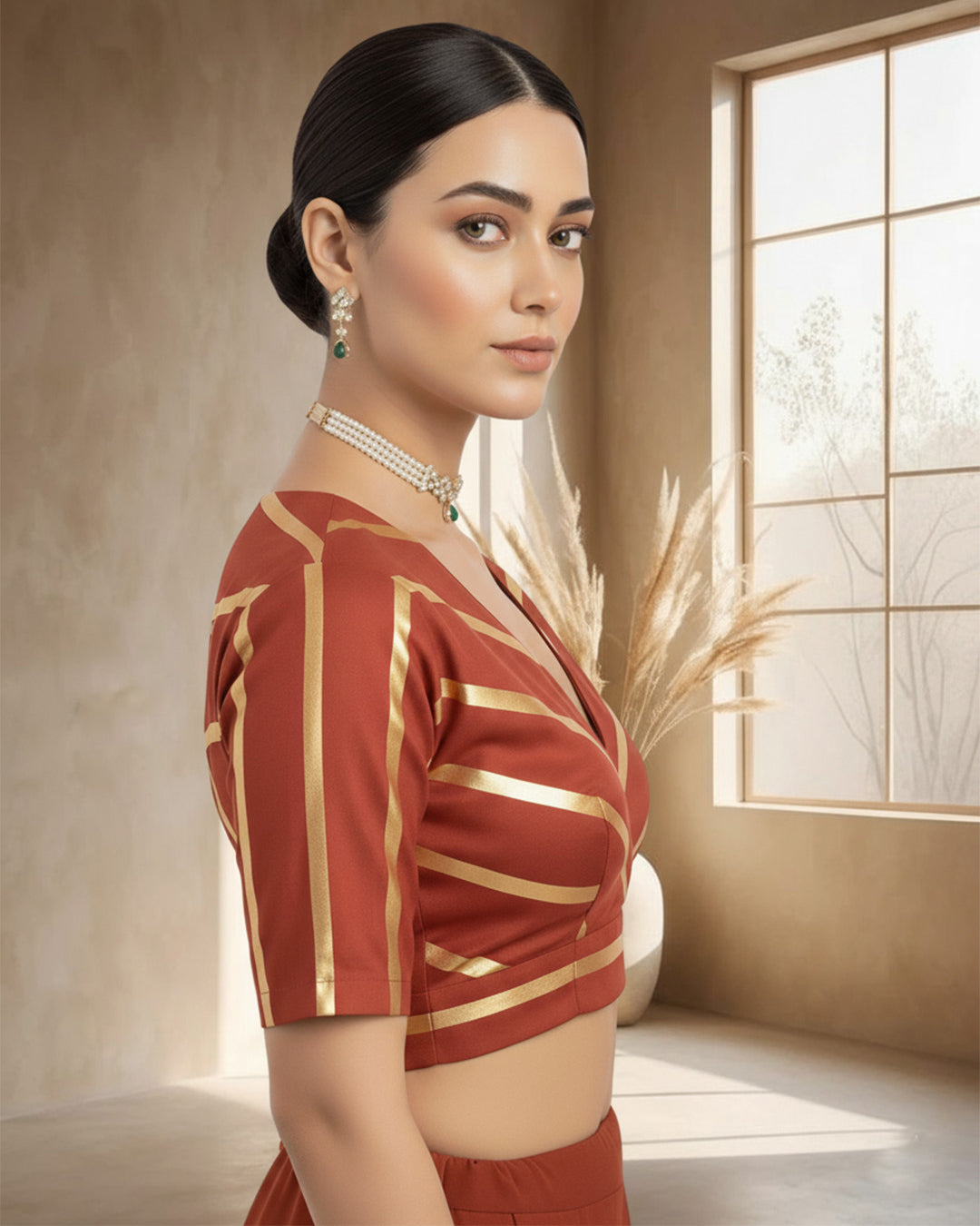 Russet Red Glisten Gala Deep V Blouse