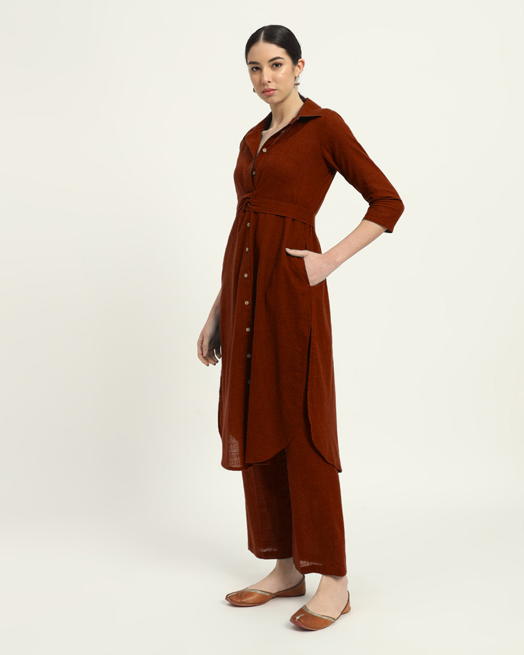Combo: Russet Red & Sage Green Bellisimo Belted Solid Kurta