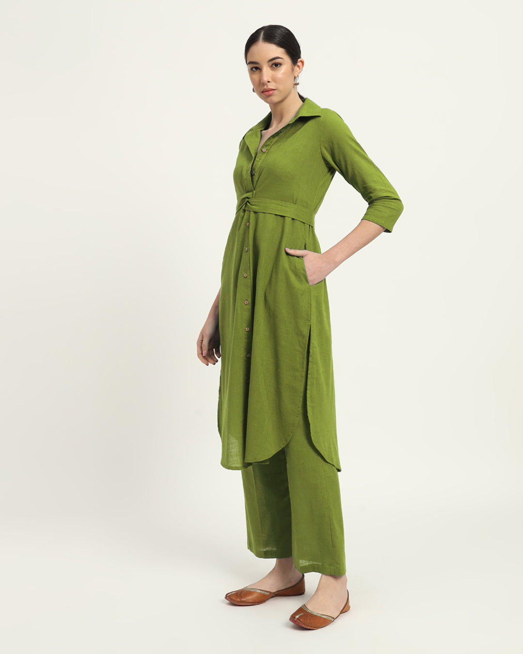 Combo: Russet Red & Sage Green Bellisimo Belted Solid Kurta