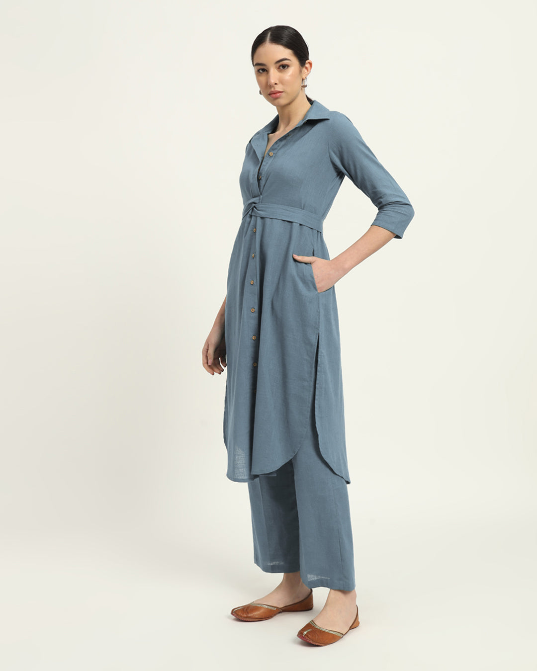 Combo: Blue Dawn & Sage Green Bellisimo Belted Solid Kurta