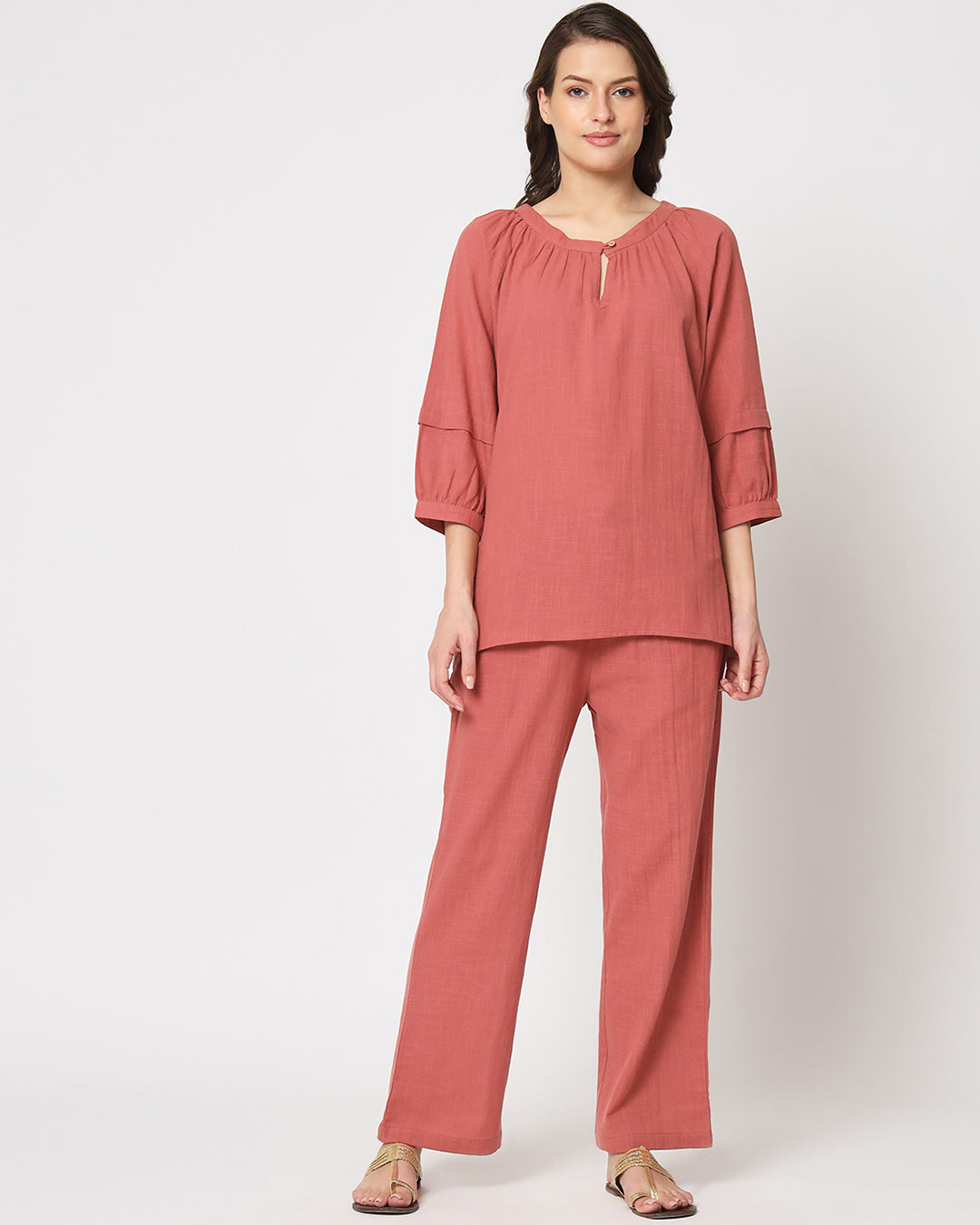 Blush In Love Button Neck Solid Co-ord Set