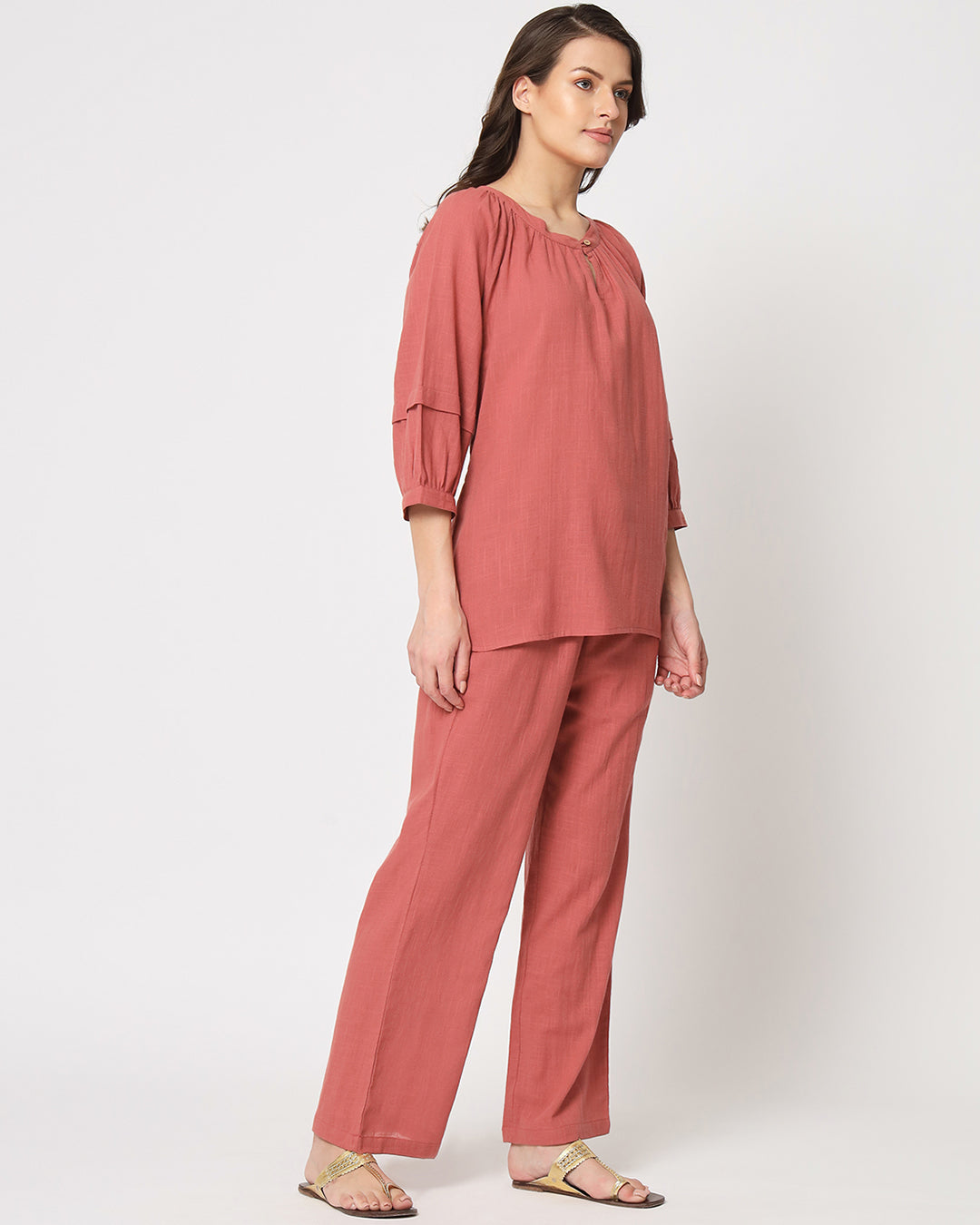 Blush In Love Button Neck Solid Co-ord Set