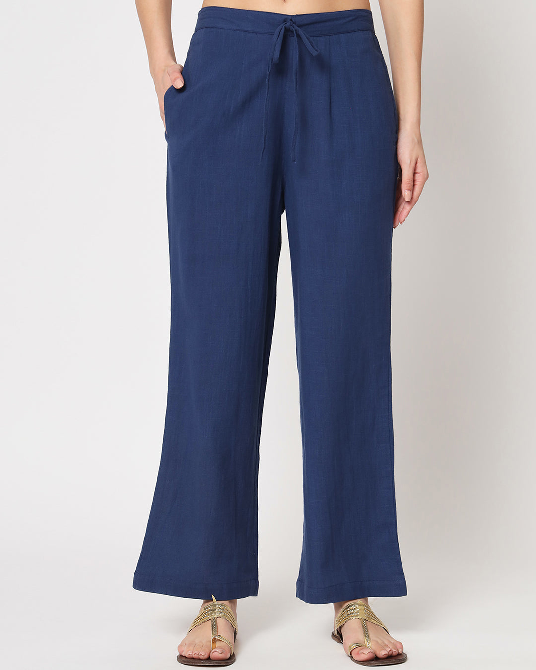 Midnight Blue Button Neck Solid Co-ord Set