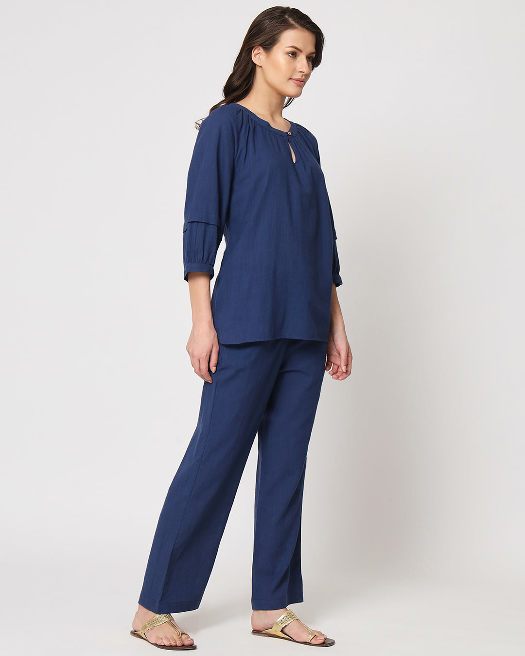 Midnight Blue Button Neck Solid Top (Without Bottoms)