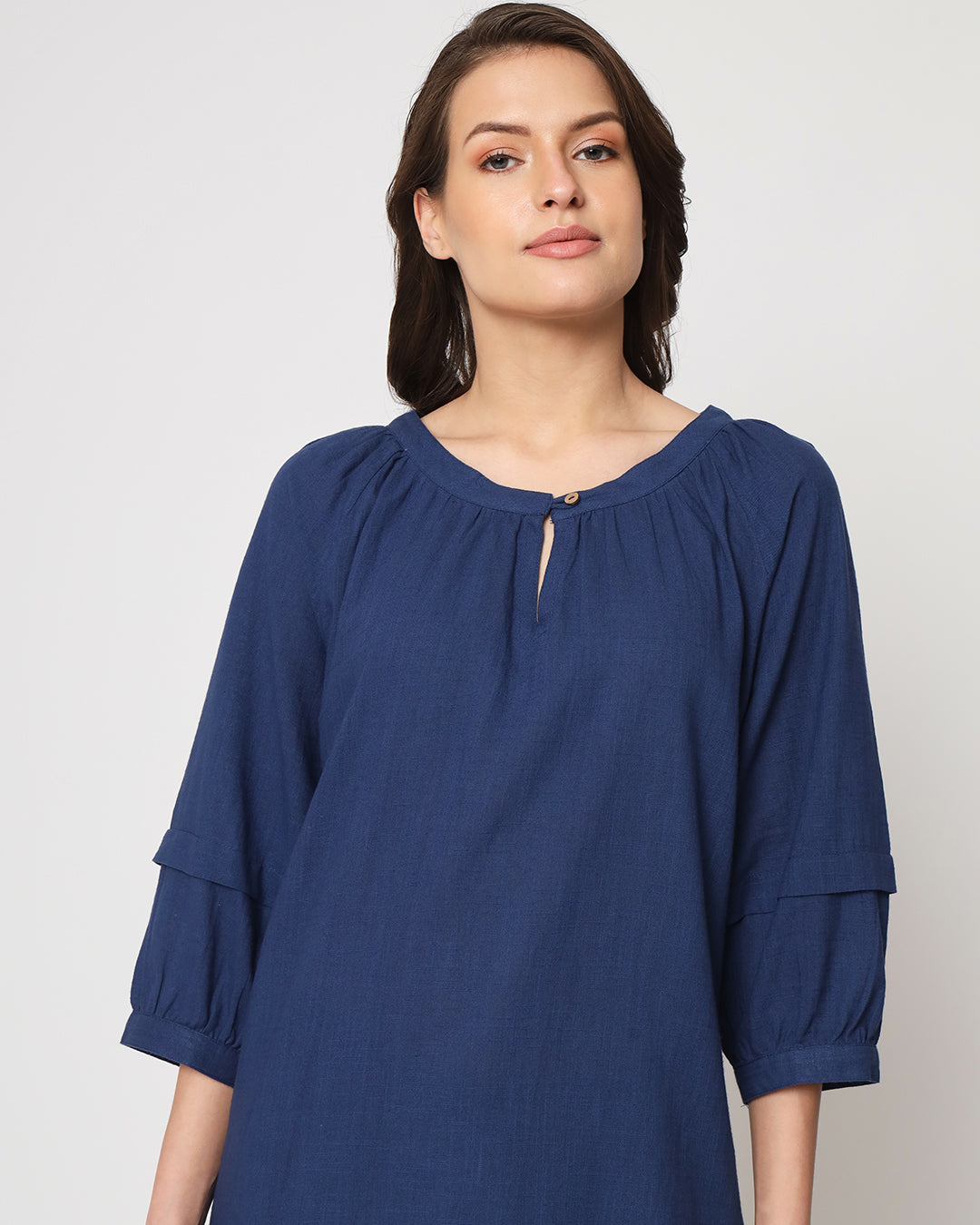 Midnight Blue Button Neck Solid Top (Without Bottoms)