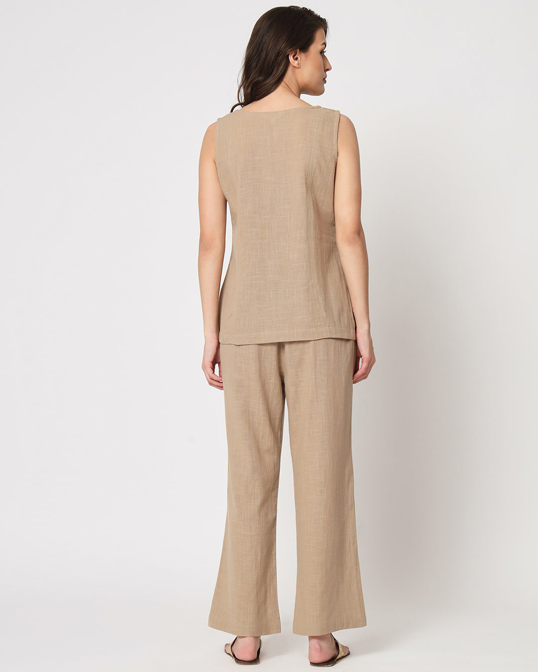 Day In Beige Sleeveless Short Length Solid Co-ord Set