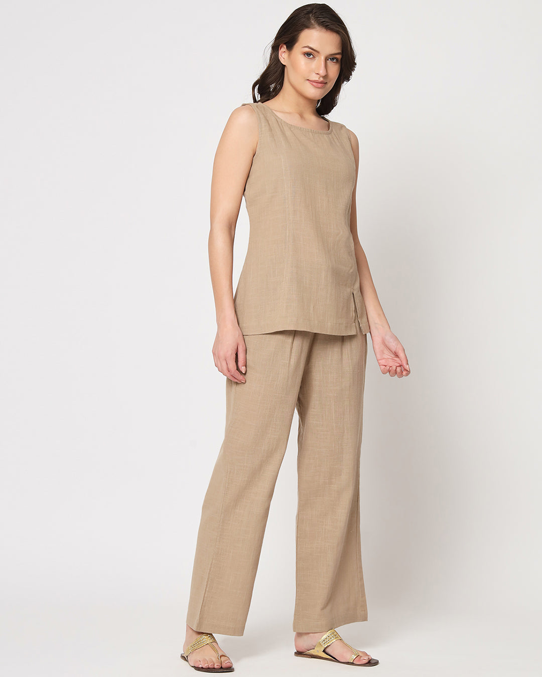 Day In Beige Sleeveless Short Length Solid Co-ord Set