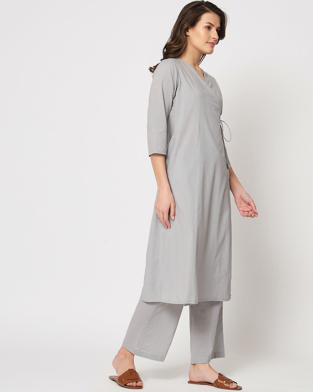 Iced Grey Angrakha Solid Kurta (Without Bottoms)