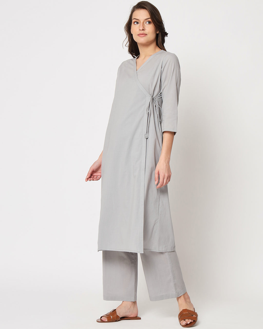Iced Grey Angrakha Solid Kurta (Without Bottoms)