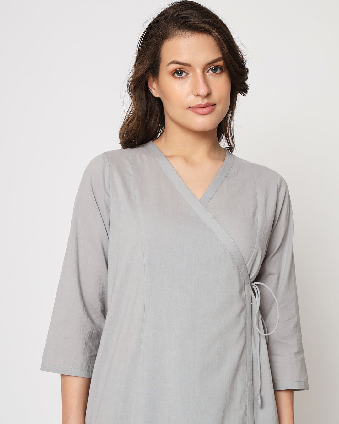 Iced Grey Angrakha Solid Kurta (Without Bottoms)