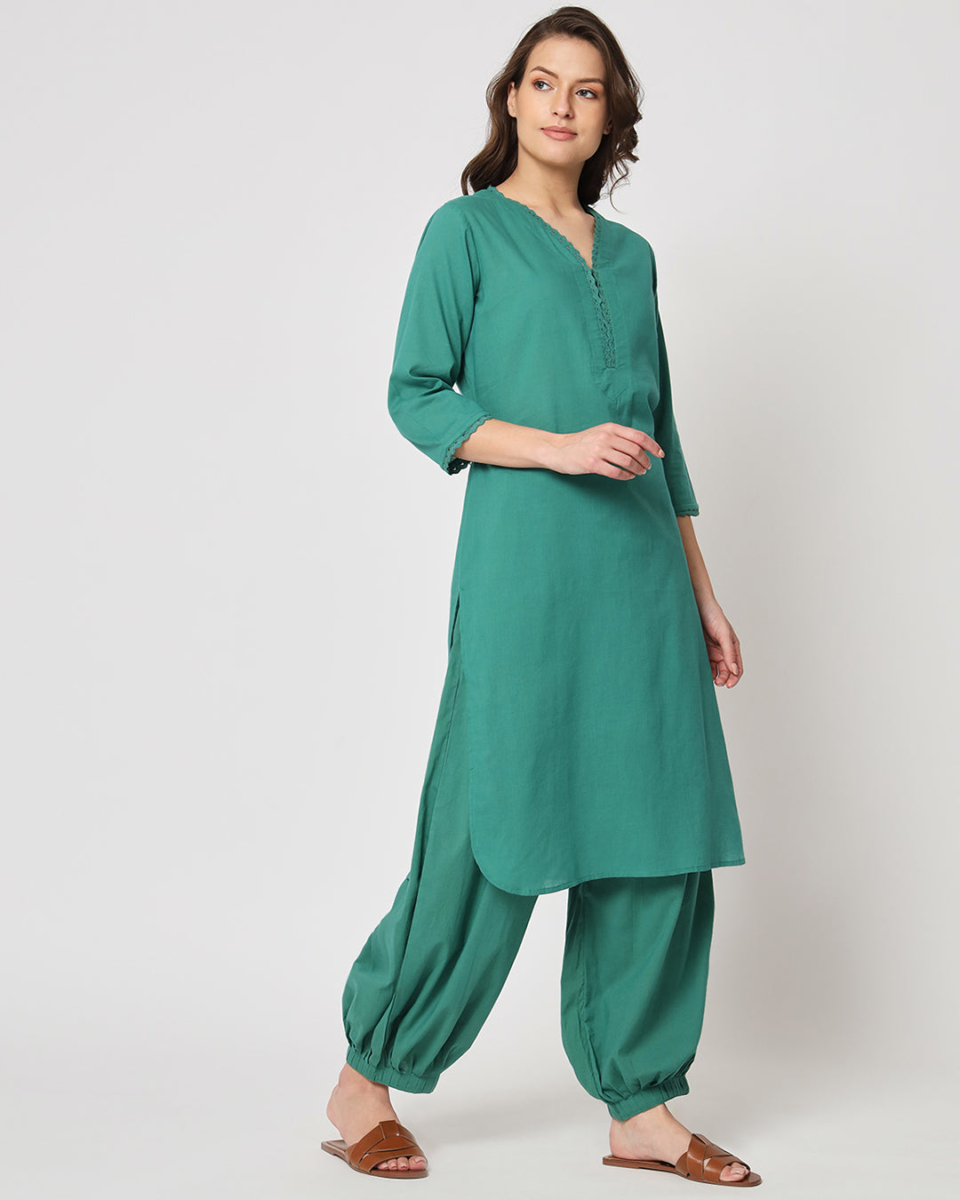Forest Green Lace Affair Solid Kurta (Without Bottoms)