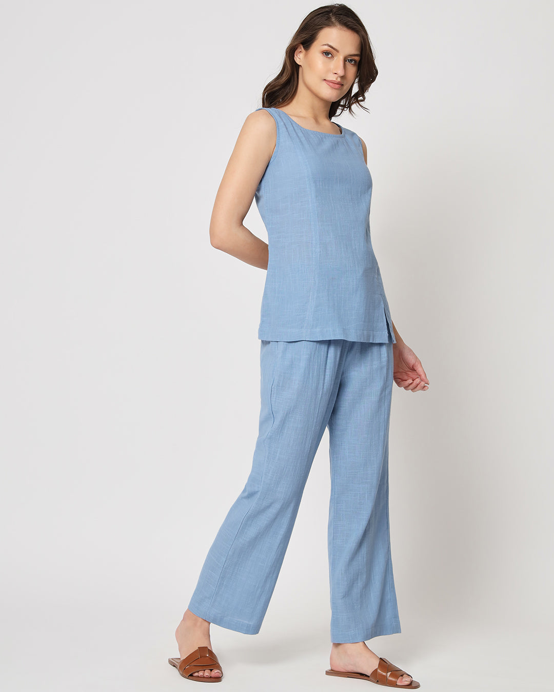 Blue Dawn Sleeveless Short Length Solid Co-ord Set