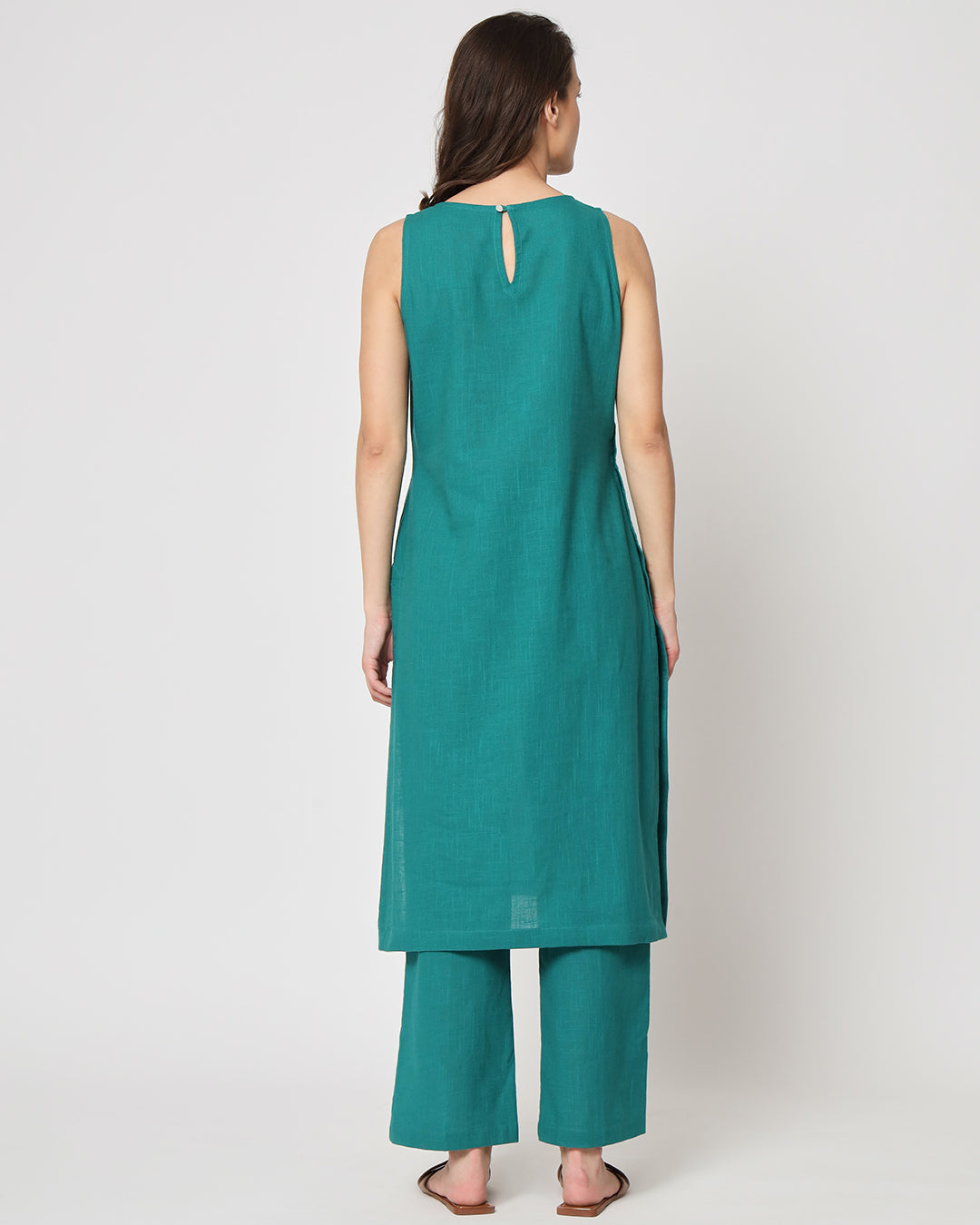 Forest Green Sleeveless Long Solid Kurta (Without Bottoms)