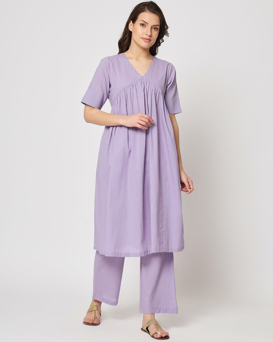 Lilac Gathered Solid Kurta (Without Bottoms)