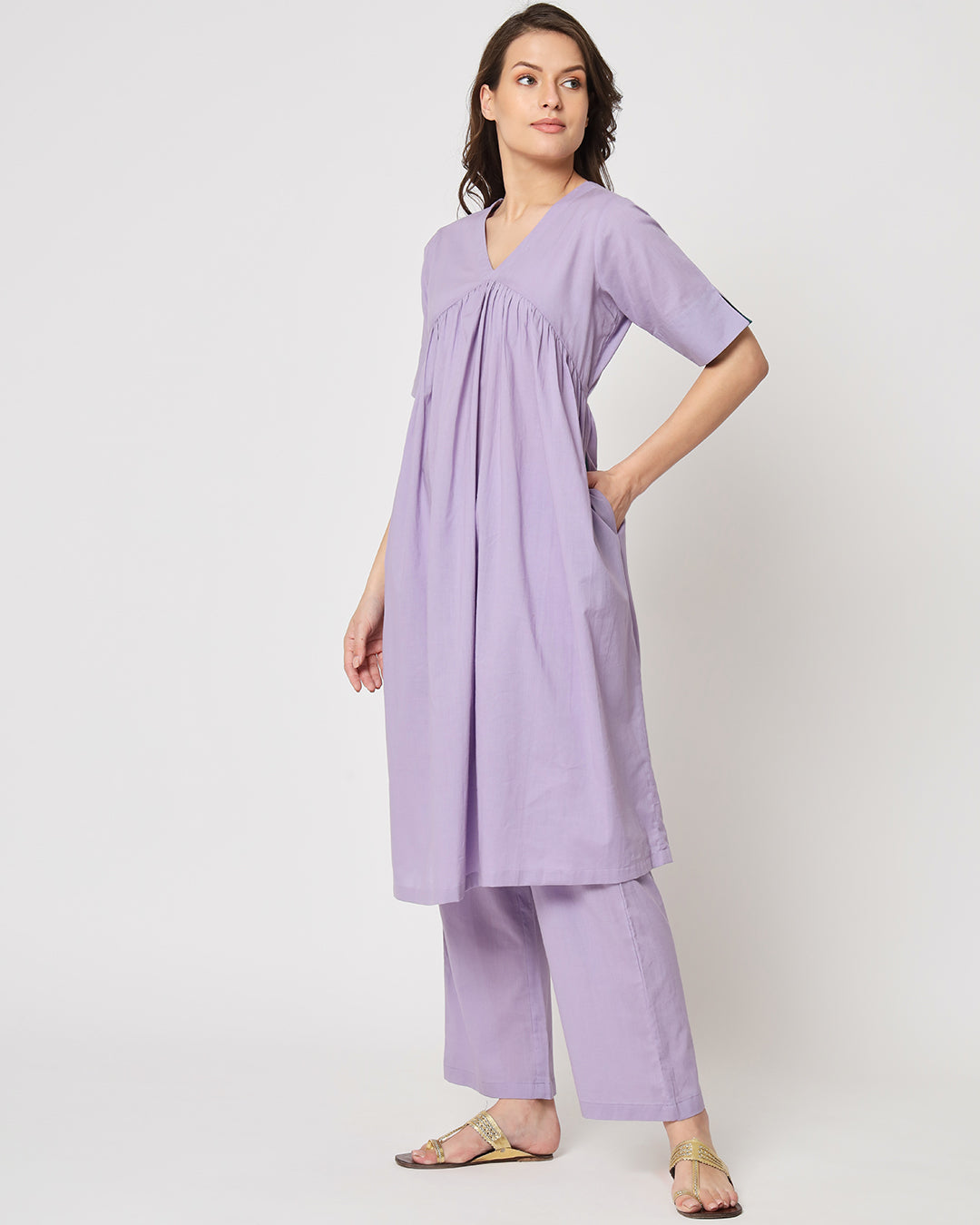 Lilac Gathered Solid Kurta (Without Bottoms)