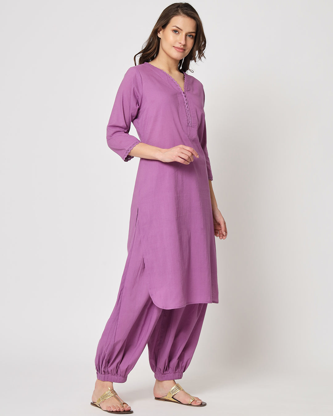 Wisteria Purple Lace Affair Solid Kurta (Without Bottoms)