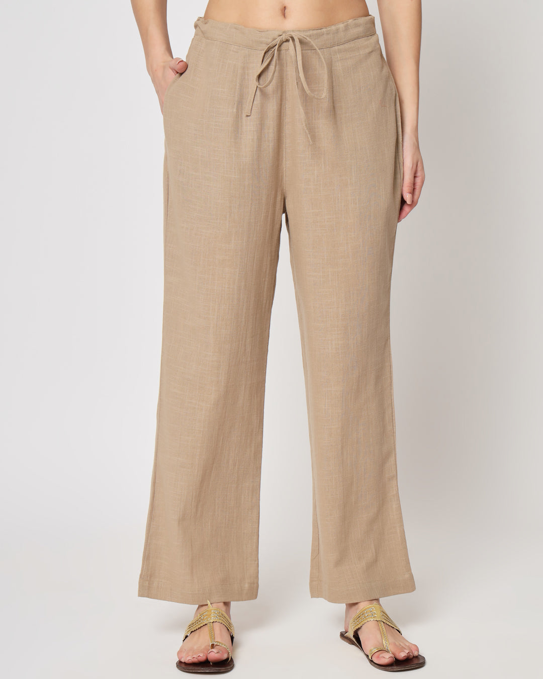 Day In Beige Button Neck Solid Co-ord Set
