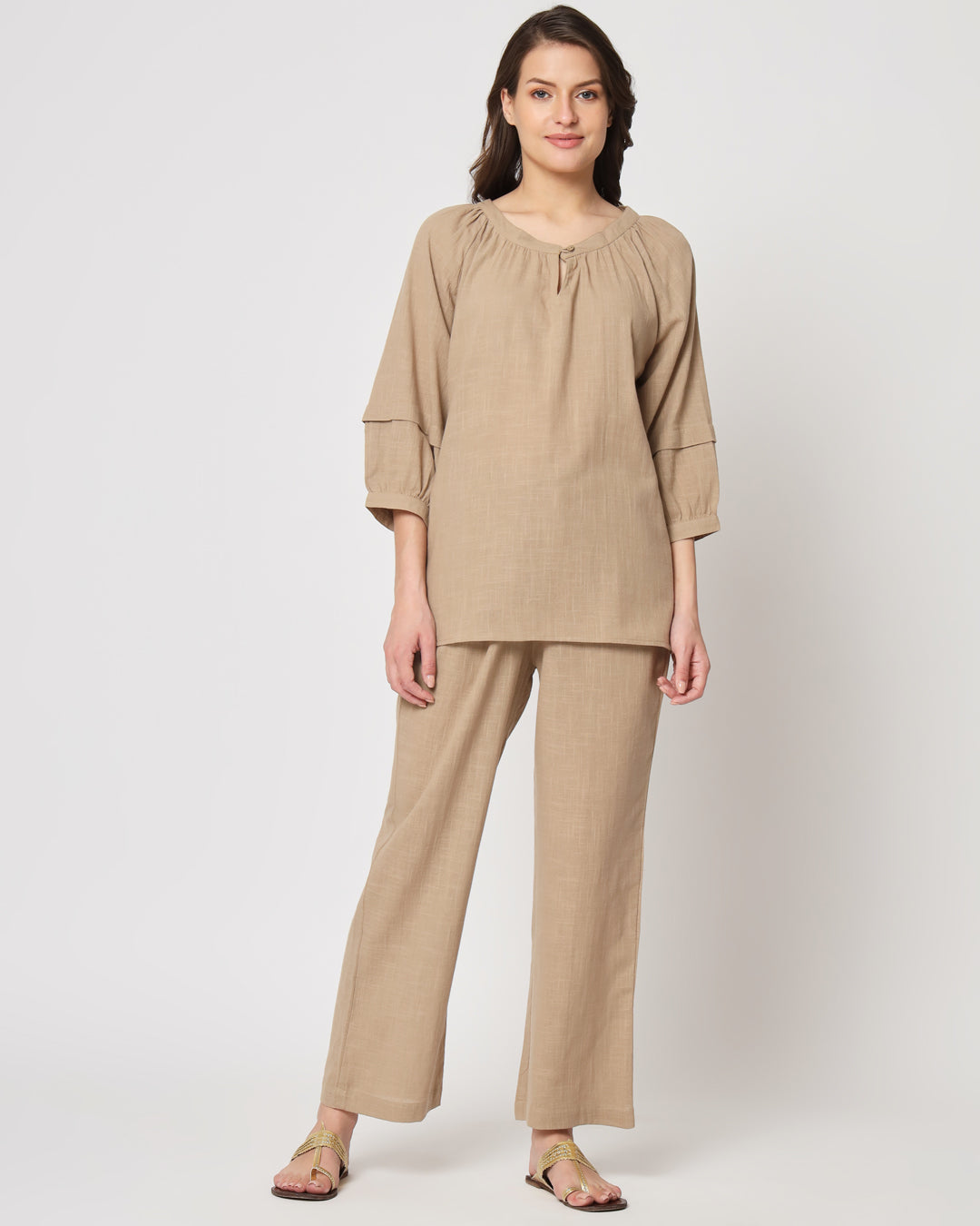 Day In Beige Button Neck Solid Top (Without Bottoms)