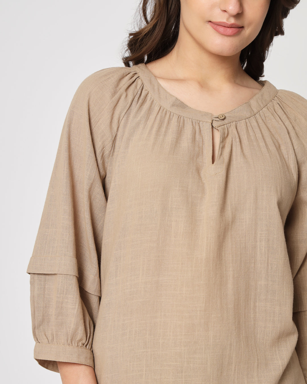 Day In Beige Button Neck Solid Co-ord Set