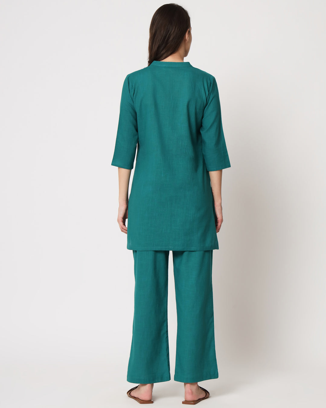 Forest Green Collar Neck Mid Length Solid Co-ord Set