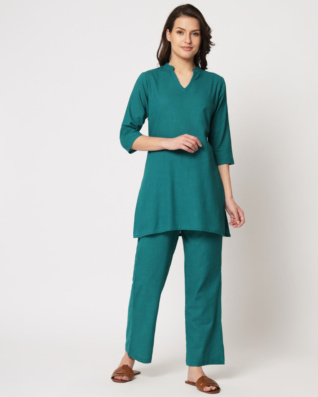 Forest Green Collar Neck Mid Length Solid Co-ord Set