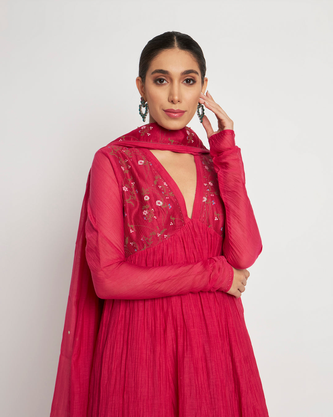 Magenta Enchanting Embroidered Festive Chanderi Kurta (Without Bottoms)