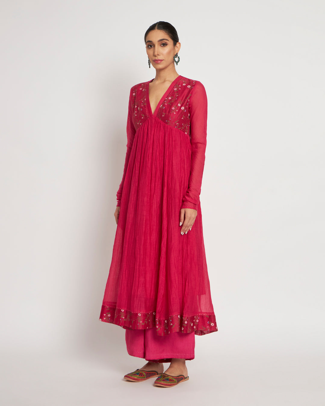 Magenta Enchanting Embroidered Festive Chanderi Kurta (Without Bottoms)