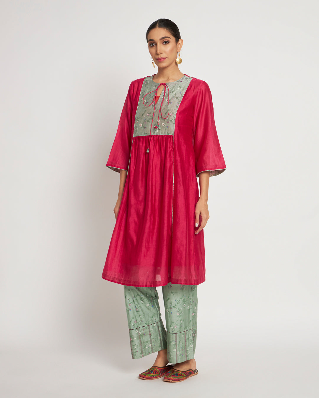Set of 3- Magenta & Alpine Green Yoke Charm Festive Chanderi Set