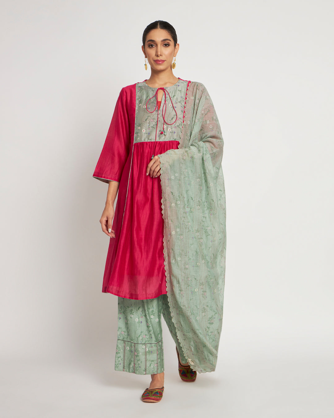 Set of 3- Magenta & Alpine Green Yoke Charm Festive Chanderi Set