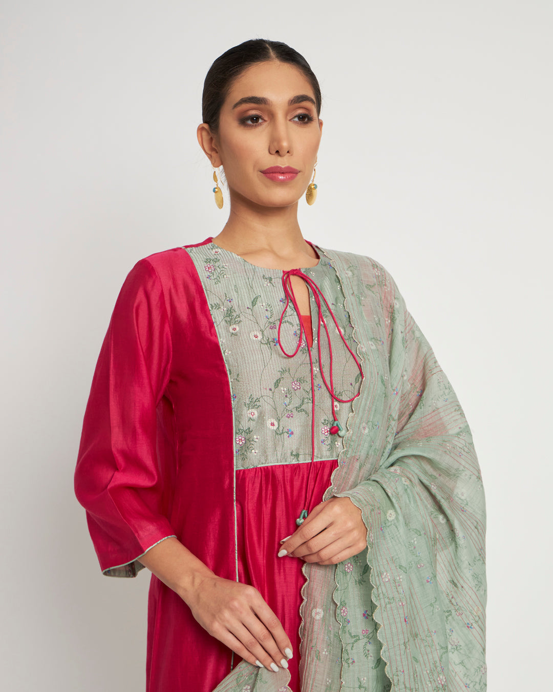 Set of 3- Magenta & Alpine Green Yoke Charm Festive Chanderi Set