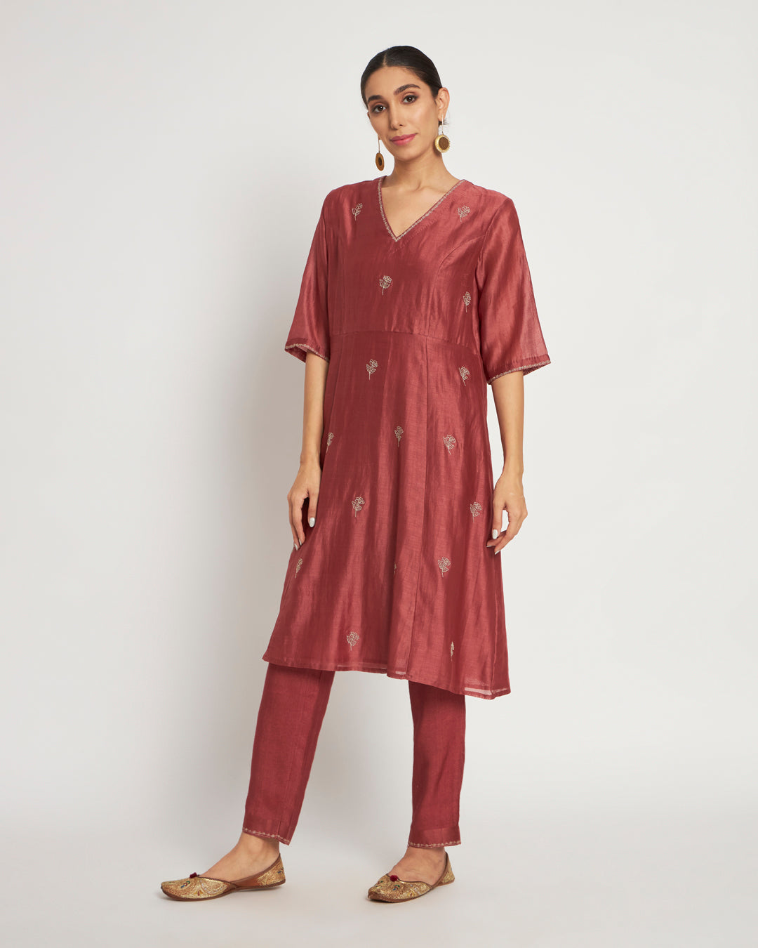 Set of 3- Festive Blush Red Embellished Chanderi Set