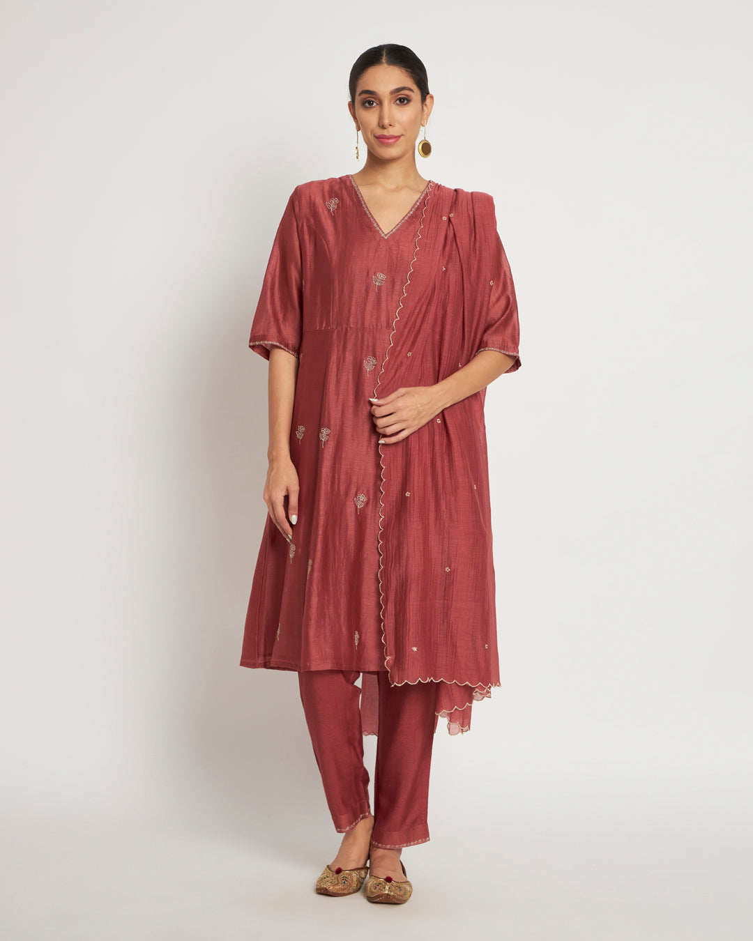 Set of 3- Festive Blush Red Embellished Chanderi Set