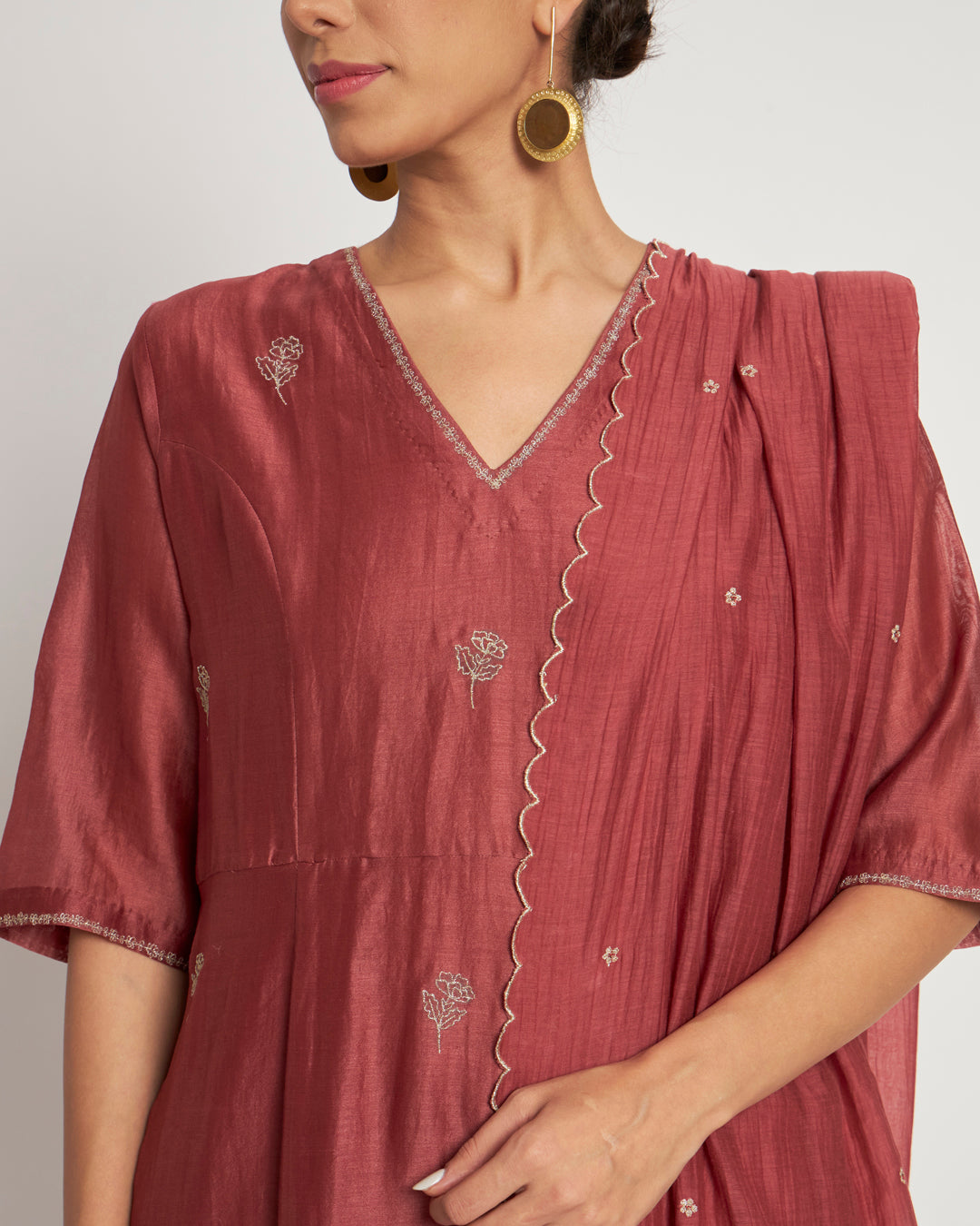 Set of 3- Festive Blush Red Embellished Chanderi Set