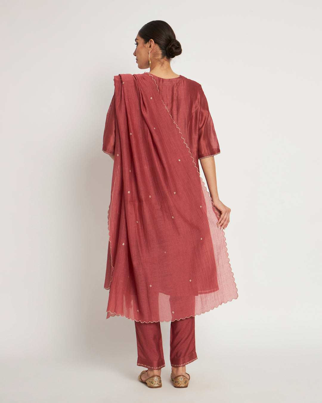 Set of 3- Festive Blush Red Embellished Chanderi Set
