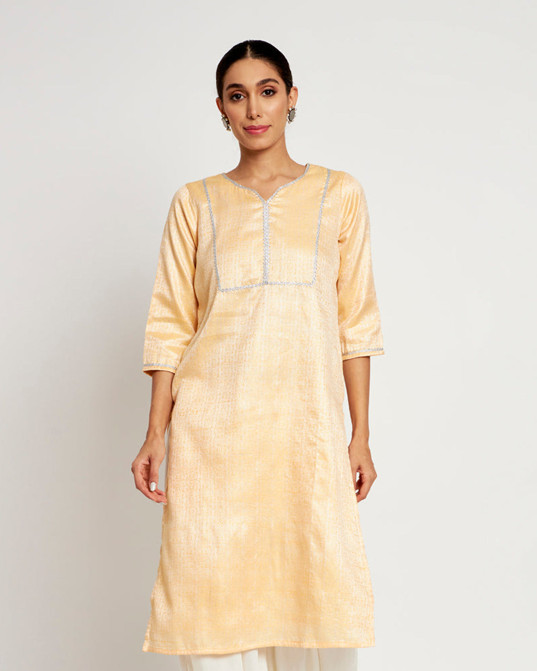 Pastel Yellow Festal Jacquard Kurta (Without Bottoms)
