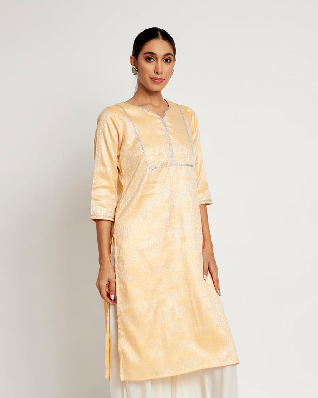 Pastel Yellow Festal Jacquard Kurta (Without Bottoms)