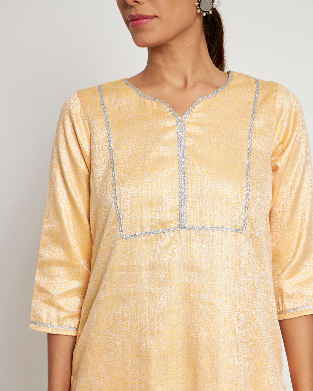 Pastel Yellow Festal Jacquard Kurta (Without Bottoms)