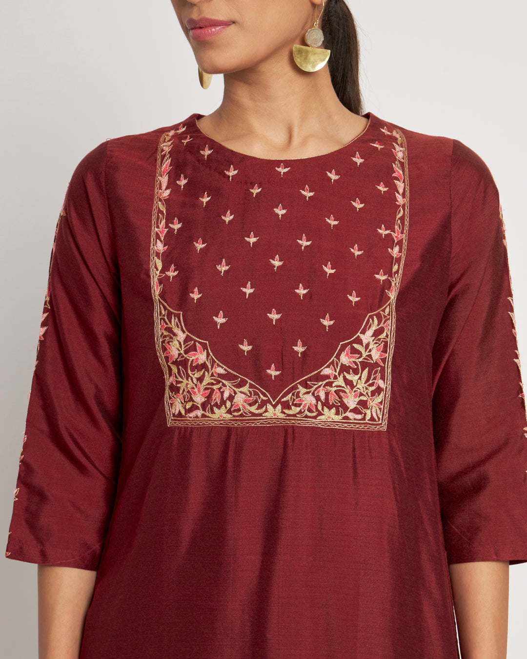 Set of 3- Maroon Sway Aari Work Chanderi Set