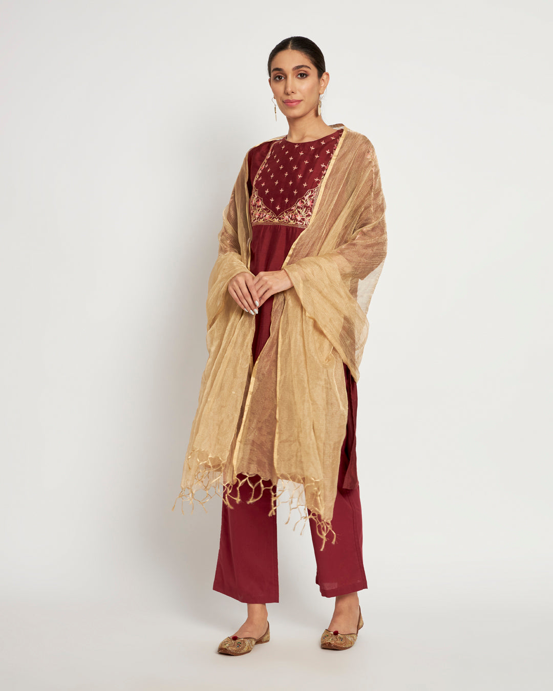 Set of 3- Maroon Sway Aari Work Chanderi Set