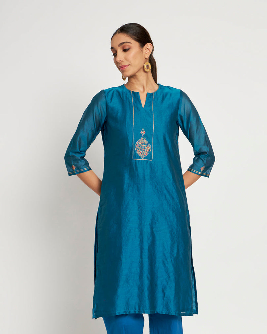 Mastani Blue Aari Work Festive Chanderi Kurta (Without Bottoms)