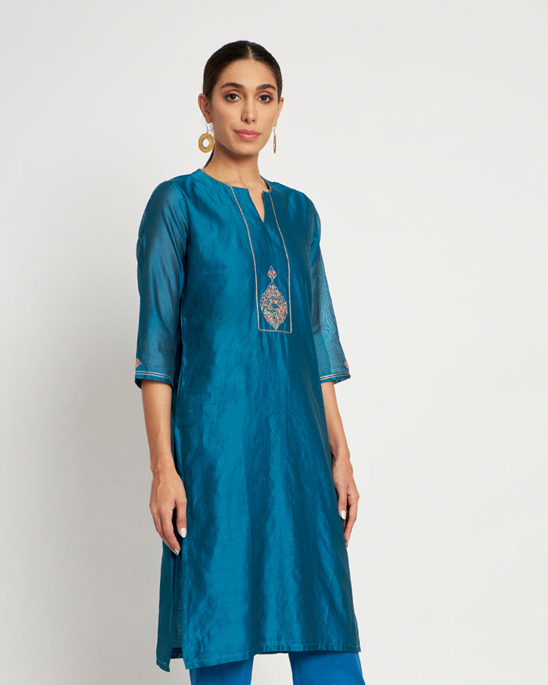 Mastani Blue Aari Work Festive Chanderi Kurta (Without Bottoms)