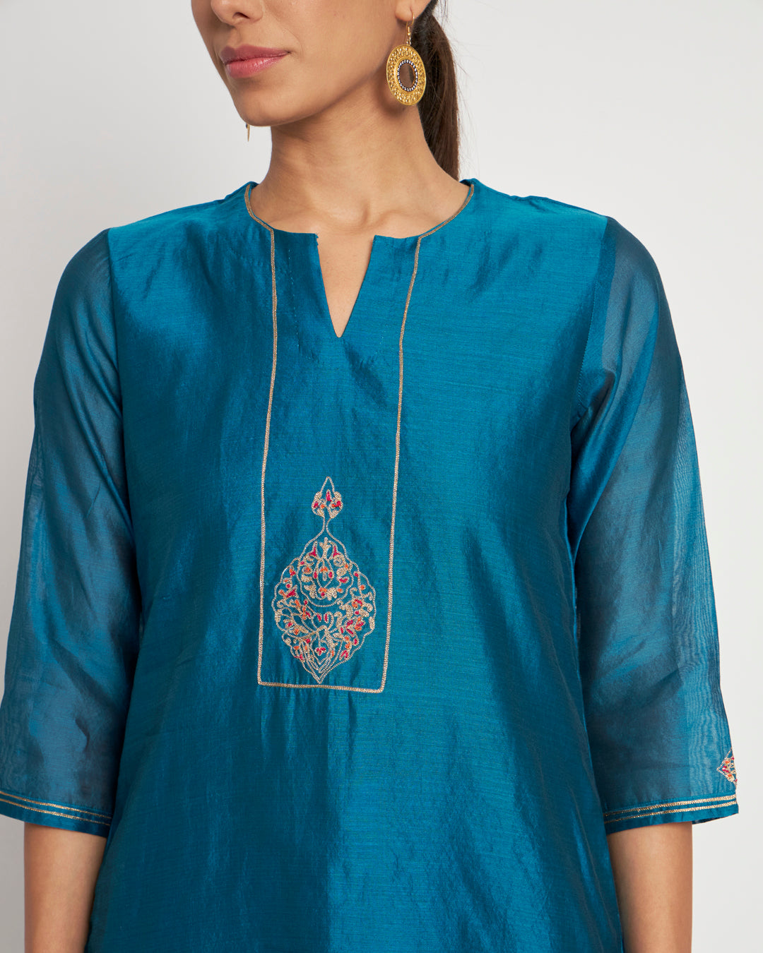 Mastani Blue Aari Work Festive Chanderi Kurta (Without Bottoms)