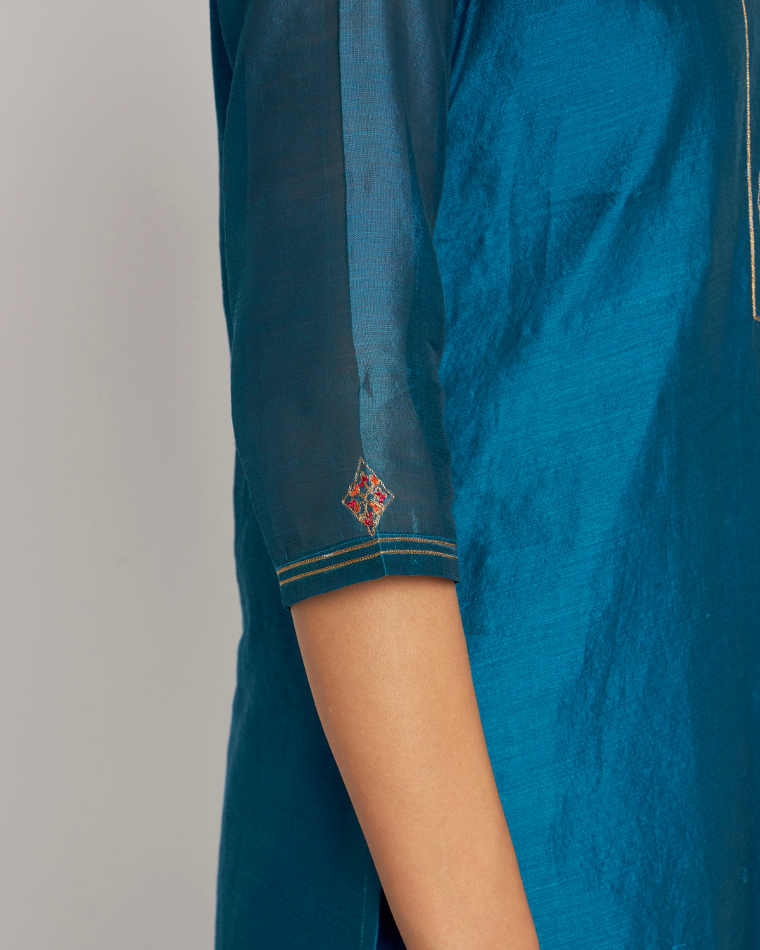 Mastani Blue Aari Work Festive Chanderi Kurta (Without Bottoms)