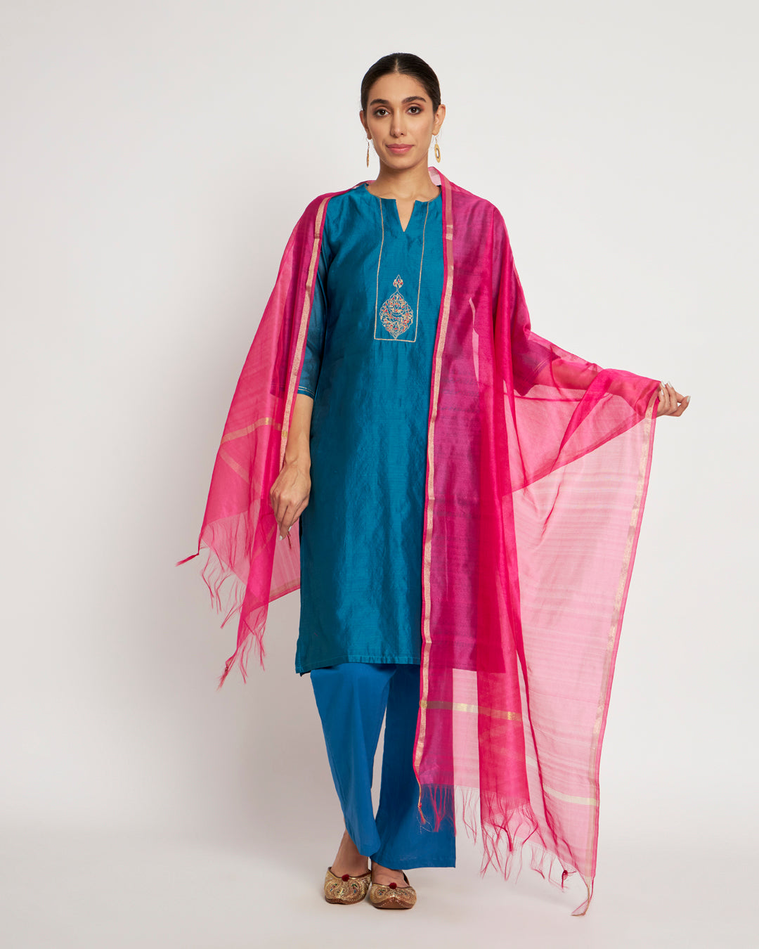 Set of 3- Mastani Blue Aari Work Festive Chanderi Set