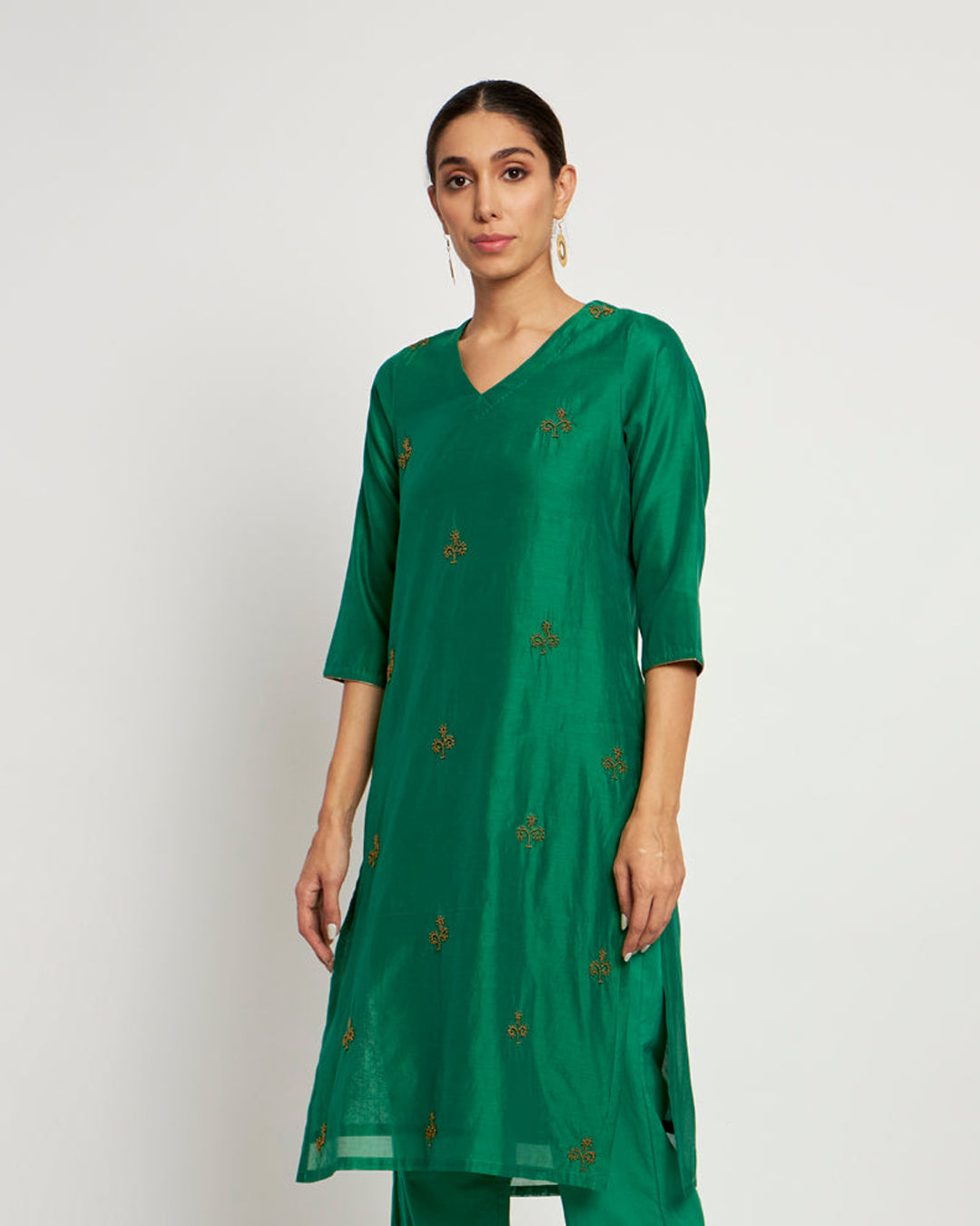 Grass Green Bead V Neck Festive Kurta (Without Bottoms)
