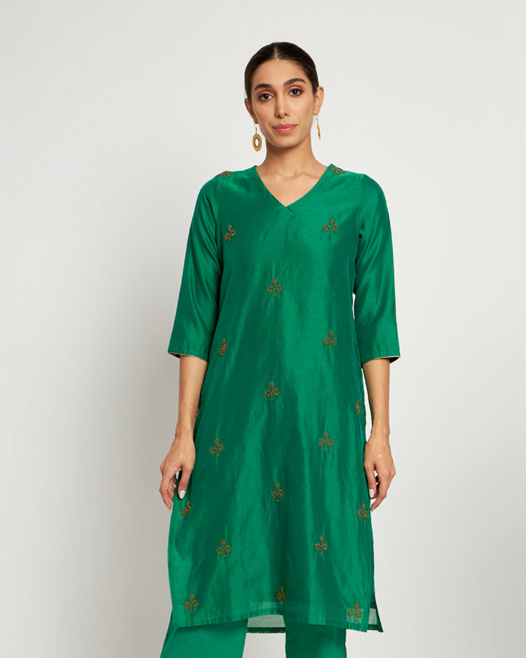 Grass Green Bead V Neck Festive Kurta (Without Bottoms)
